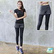 【BODYAIR嚴選】假兩件彈力九分褲(瑜珈.運動.慢跑)M黑