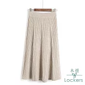 【Lockers 木櫃】針織 秋冬純色 大擺半身裙 百搭歐美百褶裙高腰修身米