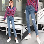 【NUMI】森-直筒破洞高腰牛仔褲-淺藍色-52071-(S-2XL可選)S淺藍