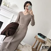 【Jilli~ko】長綁帶針織連身裙 J6393　FREE杏色