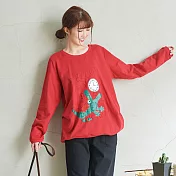 【慢。生活】側抓皺印花刺繡寬鬆長袖T 7219　FREE紅色