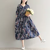 【A.Cheter】日式春櫻佳人舒適V領棉麻七分袖洋裝#j103530M藏青