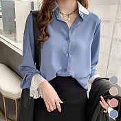 【MsMore】韓國女神高雅柔美蕾絲袖雪紡絲質襯衫#j103570L藍
