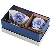 【和藍】美濃燒∣飯碗+茶杯+天寶筷 ‧青玫瑰禮盒組 麗