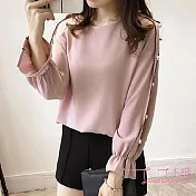 【Lockers 木櫃】喇叭袖珍珠寬鬆雪紡襯衫(2色)粉色