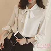 【Lockers 木櫃】燈籠袖蝴蝶結系帶雪紡上衣(3色)白色