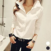 【MsMore】韓國女模機場時尚纖瘦俐落大翻領純棉襯衫#j103598M白