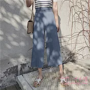 【Lockers 木櫃】雪紡壓褶摩登闊腿九分褲(3色)湖藍色