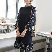 【MsMore】法國玫瑰女人棉織拼接金鑽雪紡印花洋裝#j103709XL深藍