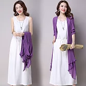 【NUMI】復古-純色無袖背心裙罩衫兩件套-外紫內白-91762-(M-2XL可選)L外紫內白