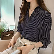 【NUMI】森-顯瘦條紋寬版上衣-共3色-91694-(L-2XL可選)L寶藍色