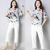 【NUMI】型-時尚荷葉印花兩件式套裝-藍花+白褲-51861-(M-2XL可選)L藍花+白褲