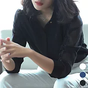 【MsMore】義大利星光耀眼琉璃紗袖氣質絲滑雪紡襯衫#j103706L黑