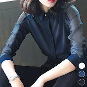 【MsMore】義大利星光耀眼琉璃紗袖氣質絲滑雪紡襯衫#j103706M藏青