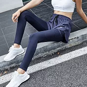 【KISSDIAMOND】高彈力假兩件防走光時尚瘦腿運動瑜珈褲-033S藏青