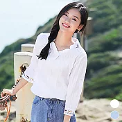 氣質刺繡V領棉麻上衣