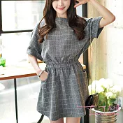 【Lockers 木櫃】居家清新圓領收腰格子連身裙-2色灰色