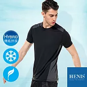 【HENIS】超彈力黯彩 細緻網眼拼接 吸濕排汗機能短T　M暗夜黑
