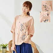 【慢。生活】立體花朵刺繡棉麻上衣 1902　FREE粉紅