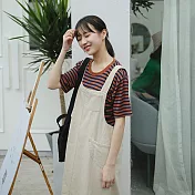 【良池】直版寬鬆棉料斜紋吊帶裙    FREE米色