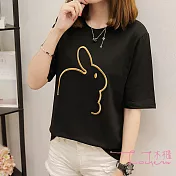 【Lockers 木櫃】韓版寬鬆可愛兔子短袖女士T恤-2色黑色