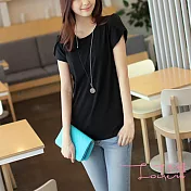 【Lockers 木櫃】純色甜美圓領花苞袖上衣/T恤-2色黑色