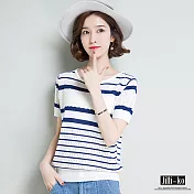 【Jilli~ko】夏季條紋薄款鏤空針織衫 J6744　FREE藍色