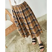 【慢。生活】鬆緊腰色格棉麻長裙 8815　FREE黃格