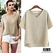 【Jilli~ko】V領休閒棉麻短袖T恤上衣 J6027　FREE卡其