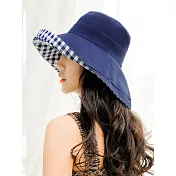 JDS嚴選＿防曬抗UV雙面格子棉麻漁夫帽藏青色
