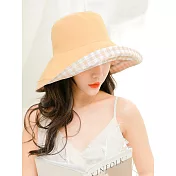 JDS嚴選＿防曬抗UV雙面格子棉麻漁夫帽黃棕色