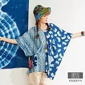 【潘克拉】藍染對半印花中長落肩罩衫 TM1078 FREE藍色