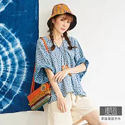 【潘克拉】藍染花朵印花V領落肩罩衫 TM1080 FREE藍色