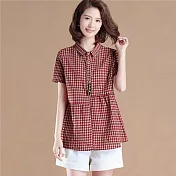 【初色】休閒格子短袖襯衫-紅格-93400(M-2XL可選)L紅格
