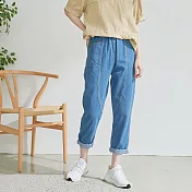 【慢。生活】鬆緊腰中磅原色牛仔褲 820　FREE藍色