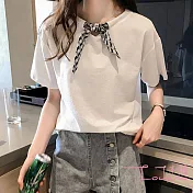 【Lockers 木櫃】韓版簡潔圓領菱格紋領結T恤-2色白