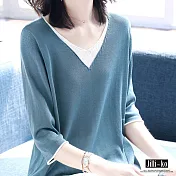 【Jilli~ko】假兩件V領薄款針織衫 J6872　FREE藍色