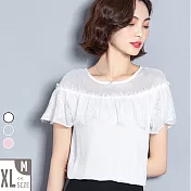 【MsMore】韓國粉紅美人蕾絲拼接氣質冰柔上衣#j104496XL白