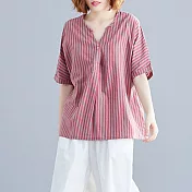 【NUMI】森-百搭直條紋休閒襯衫-共3色-52191(M-2XL可選)M紅色