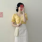 【那木】合肩桃心公主袖抓皺上衣 (2色)S黃色