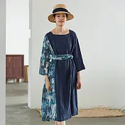 旅途原品_鄉野_原創設計印花拼接亞麻連衣裙 M/L/XL　M深藍色