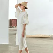 旅途原品_南瓜花_原創設計全棉純色拼接花袖連衣裙 M/L　M米白色