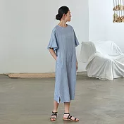 旅途原品_南瓜花_原創設計全棉純色拼接花袖連衣裙 M/L　M淺藍色