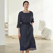 旅途原品_午後田園_原創設計亞麻方領七分袖連衣裙 M/L/XL　L藏藍色