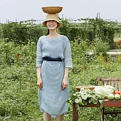 旅途原品_午後田園_原創設計亞麻方領七分袖連衣裙 M/L/XL　M淺藍色