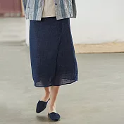 旅途原品_大步走_原創設計亞麻直筒開衩半裙 M/L/XL　XL藏藍色
