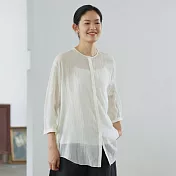 旅途原品_小森林_原創設計苧棉麻立體條紋圓領襯衫 M/L/XL　M米白色