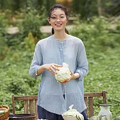 旅途原品_小森林_原創設計苧棉麻立體條紋圓領襯衫 M/L/XL　L淺藍色