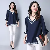 【NUMI】型-春夏花卉圓領連衣裙-藏青色-51016(M-2XL可選)L藏青色