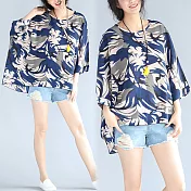 【NUMI】森-流行印花寬鬆七分袖上衣-藍色-33902(F可選)F藍色